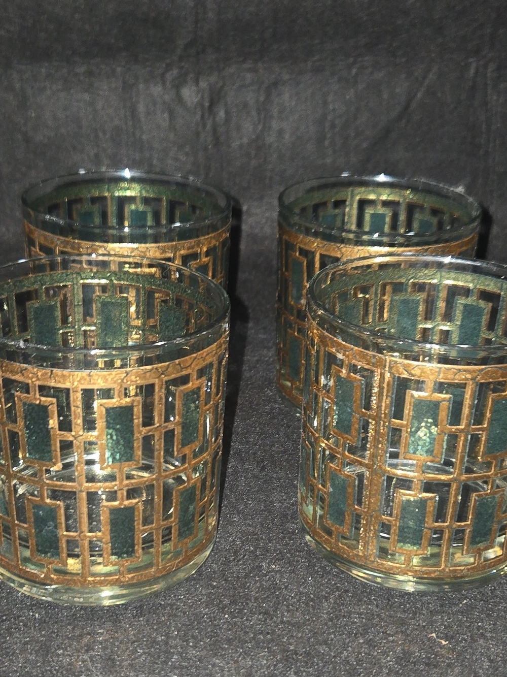 Vintage Green and 22k Gold Whiskey Glasses
